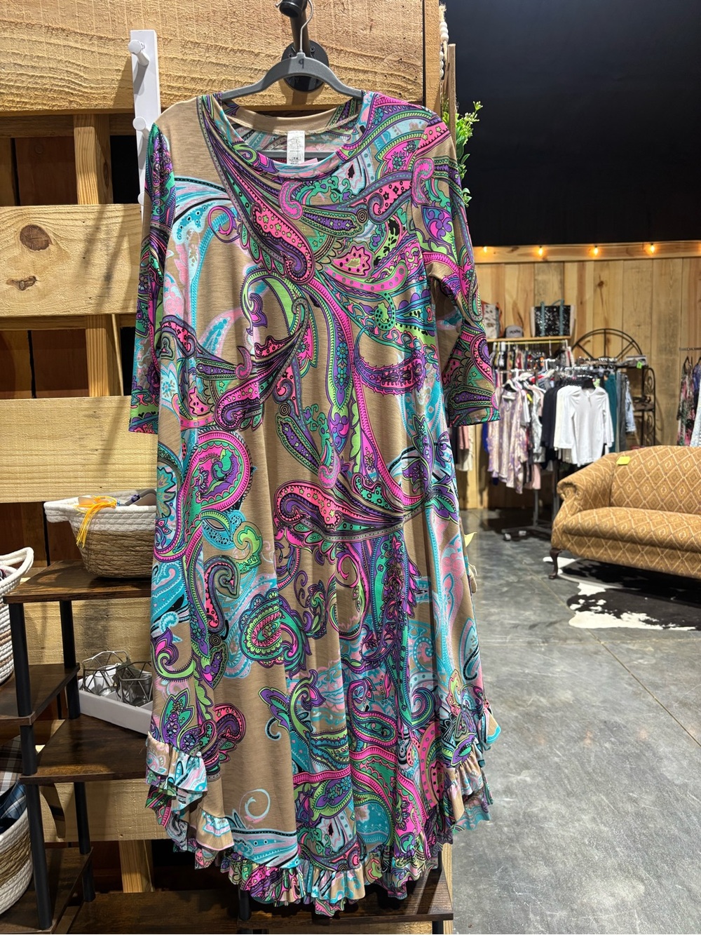 Boho Paisley Ruffle Hem Dress - Neutral with Teal & Magenta